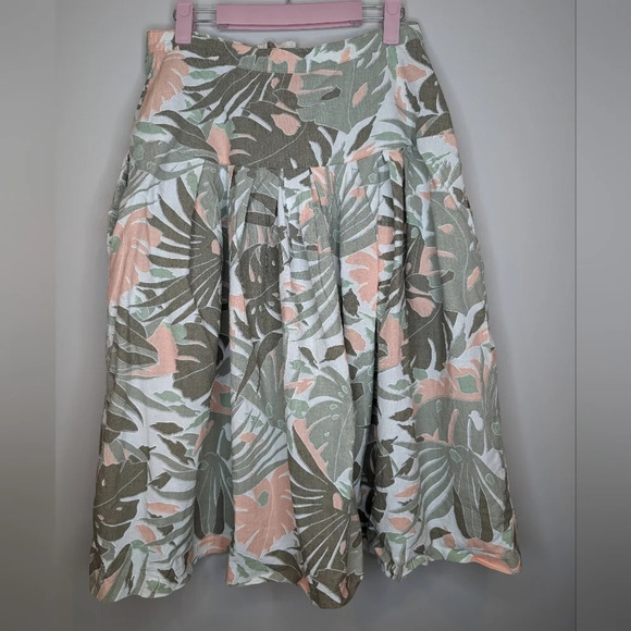 Vintage Garey Petites 100% Cotton A lIne Monstera Green Coral Floral Skirt 12 - Picture 2 of 10